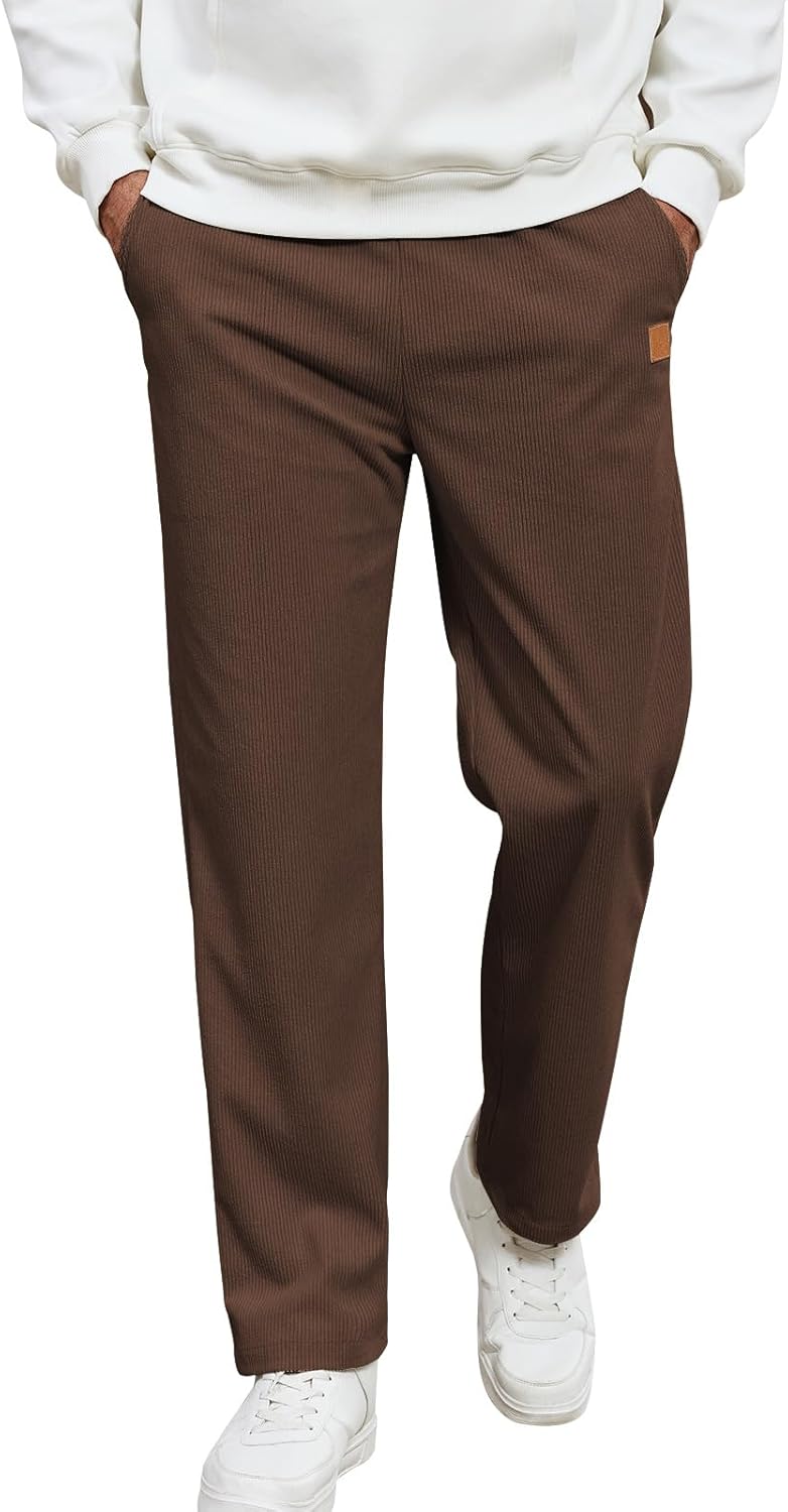Suwangi Men’s Corduroy Casual Pants Drawstring Elastic Waist Stretch Sweatpants Straight Leg Trouser with Pockets Relaxed Fit