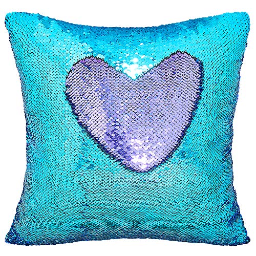 Basumee Sequin Pillow with Insert, 16x16 in Magic Reversible Sequins Cushion for Home Décor (Aqua and Light Purple)