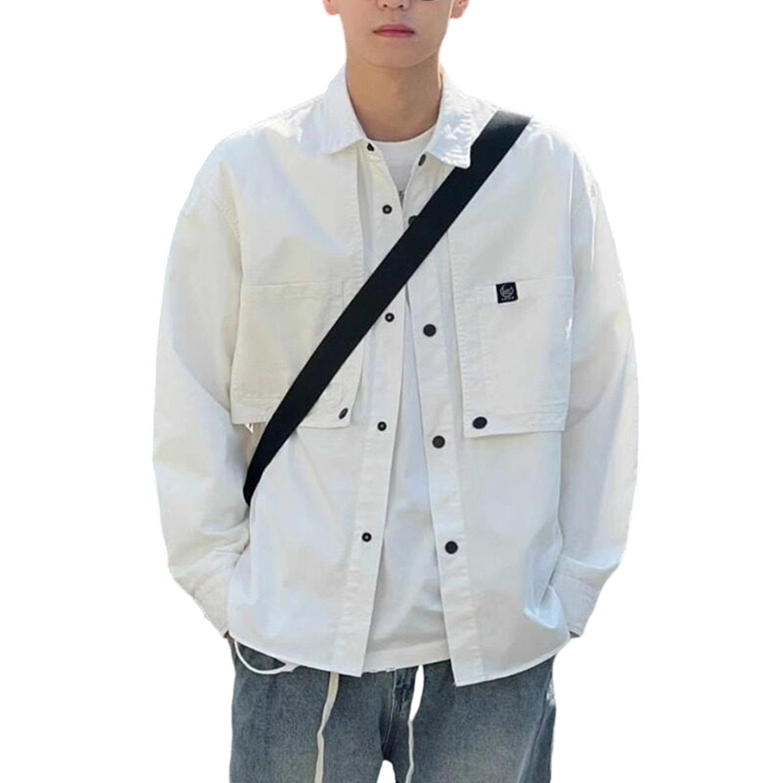 Camicia da lavoro da uomo a manica lunga in cotone, casual, taglio ampio, con bottoni e 2 tasche