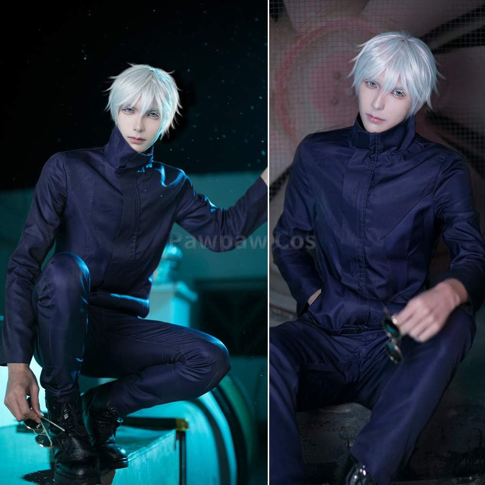 Pawpaw 五条悟 コスプレ衣装 「ウィッグ付き」 ごじょうさとる 仮装 プレゼント コスチューム イベント パーティー 文化祭「メガネ付き」 (五条悟+ウィッグ（ブルー）, L)
