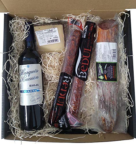 Cesta lote gourmet de regalo navideño empleados con salchichón y chorizo herradura ibérico, lomo extra curado, cuña de queso curado y vino crianza Marques de Carrión