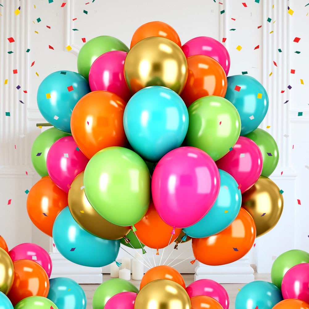 Tropical Balloons Set, 60 Pcs Hawaiian Party Balloons, 12 Inch Hot Pink Orange Teal Green and Gold Colorful Balloon for Summer Birthday Party Tropical Pool Beach Party Decorations