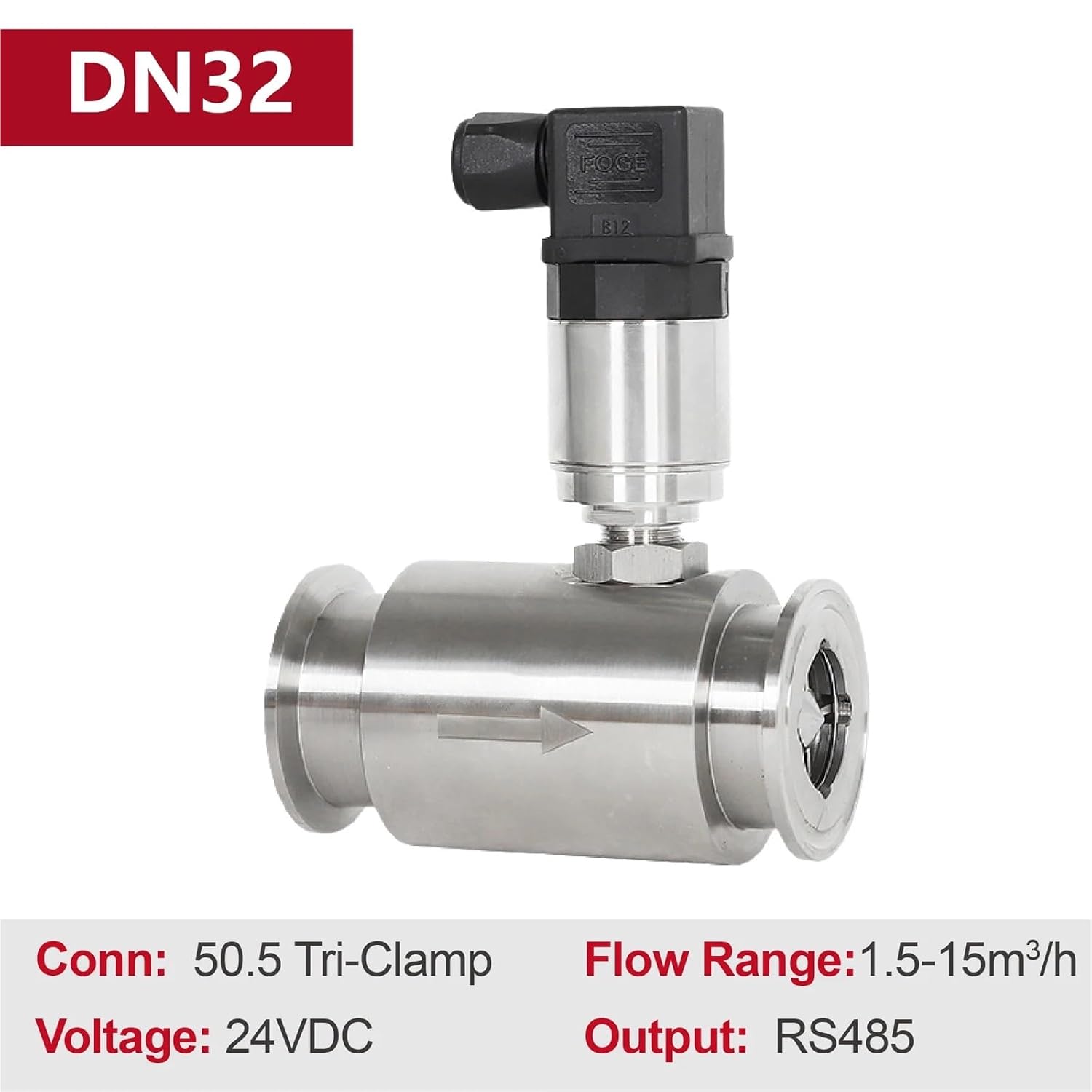 Liquid Turbine Flow Meter Stainless Steel 304 Clamp Connection Sanitary Flow Sensor RS485 Output for Diesel Water Alcohol(DN32-RS485)