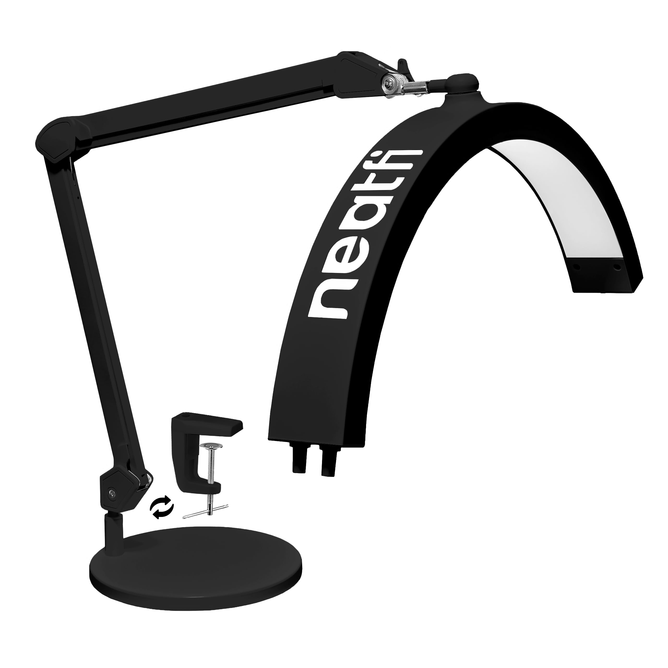 Neatfi Lampa stołowa Half Moon Swing Arm, oświetlenie LED dla kosmetyczek, 2500 lumenów, 5 trybów, idealna do zdobienia paznokci i twarzy (CCT z Podstawą i Zaciskiem, Czarny)