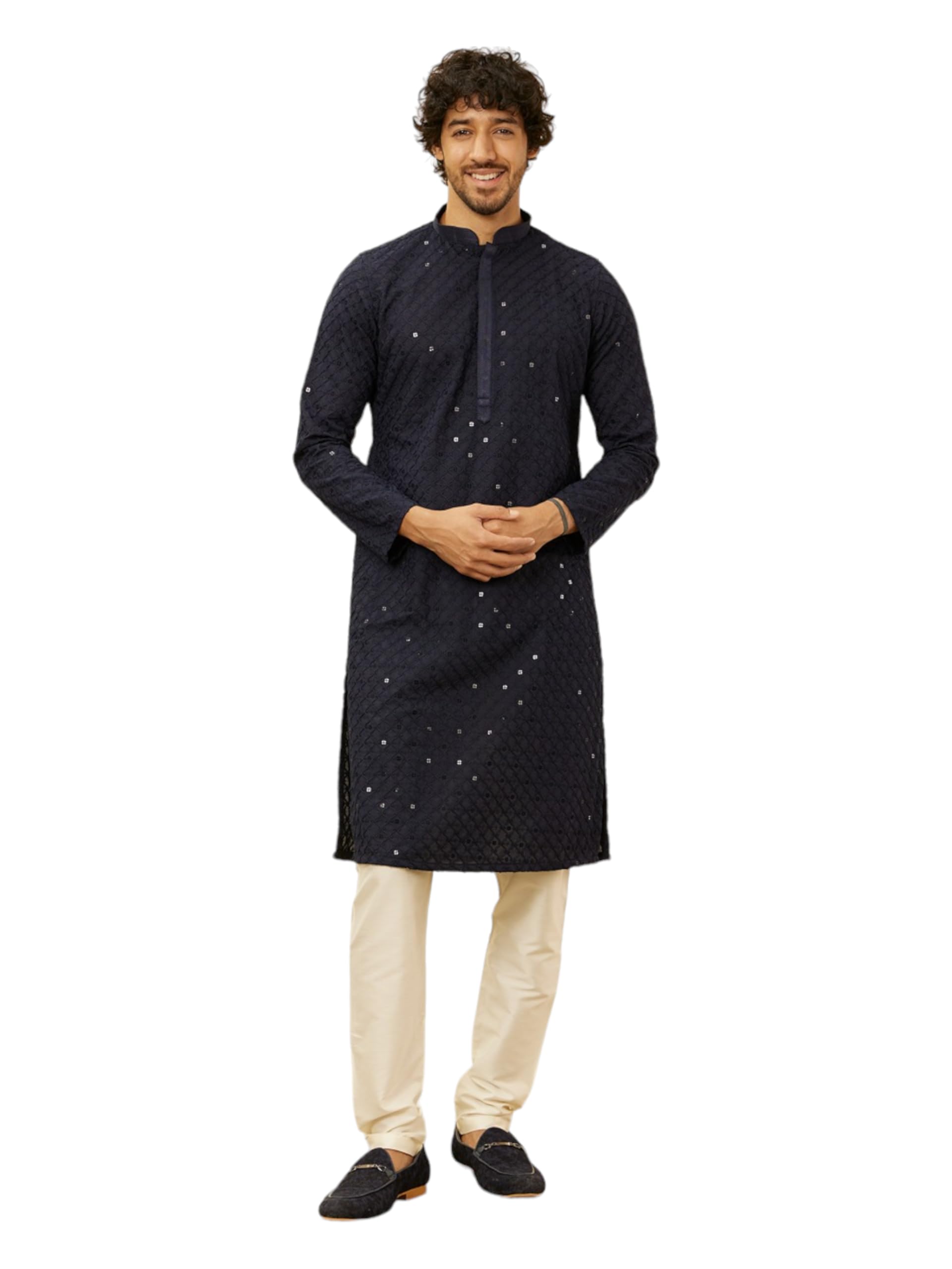 manyavar Men's Cotton Blend Embroidered Kurta Pyjama Set (2pcs)-picture-35