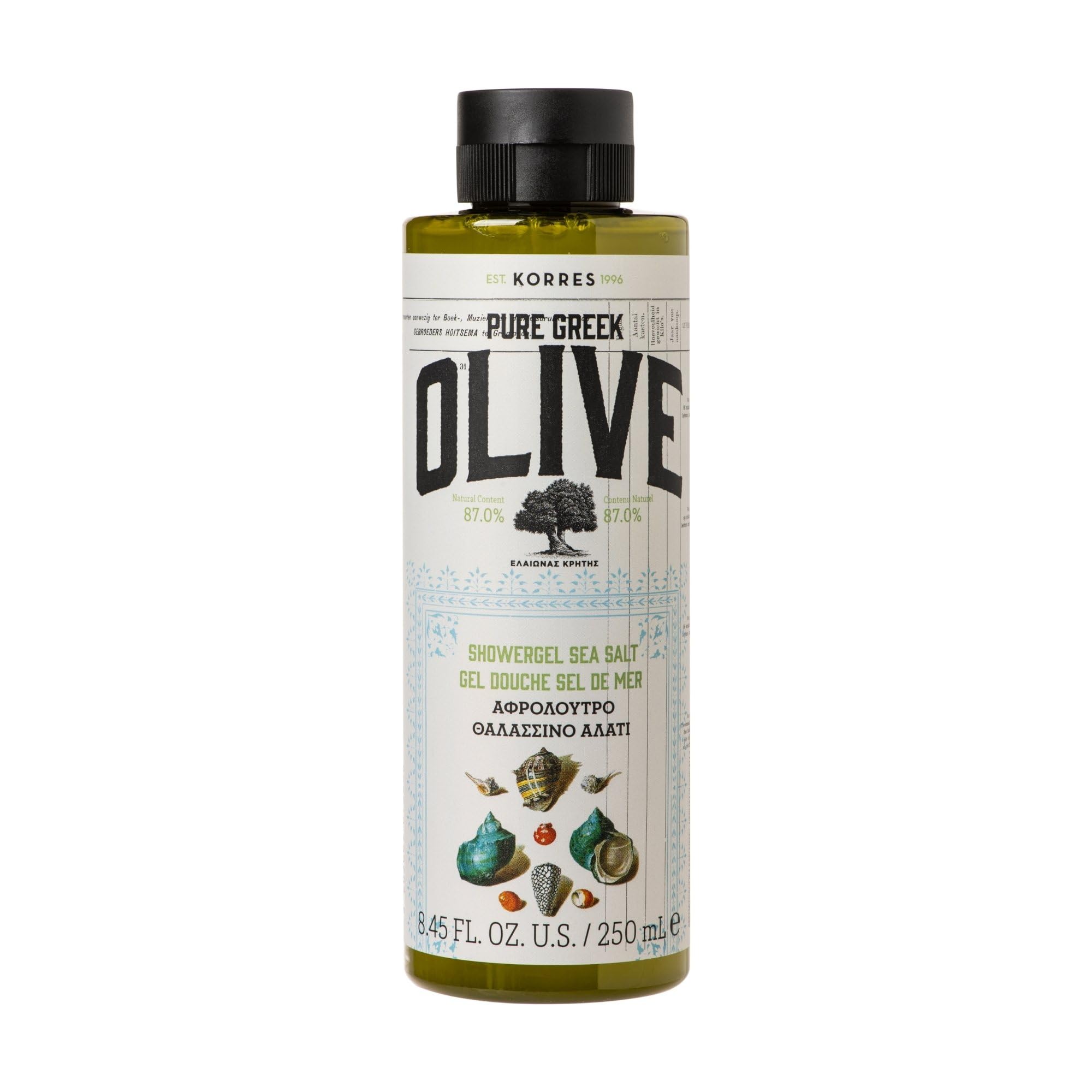 KORRES OLIVE SEA SALT gel doccia idratante per una pelle morbida, con olio extravergine di oliva e profumo di sale marino mediterraneo, vegano, senza siliconi e parabeni, 250 ml