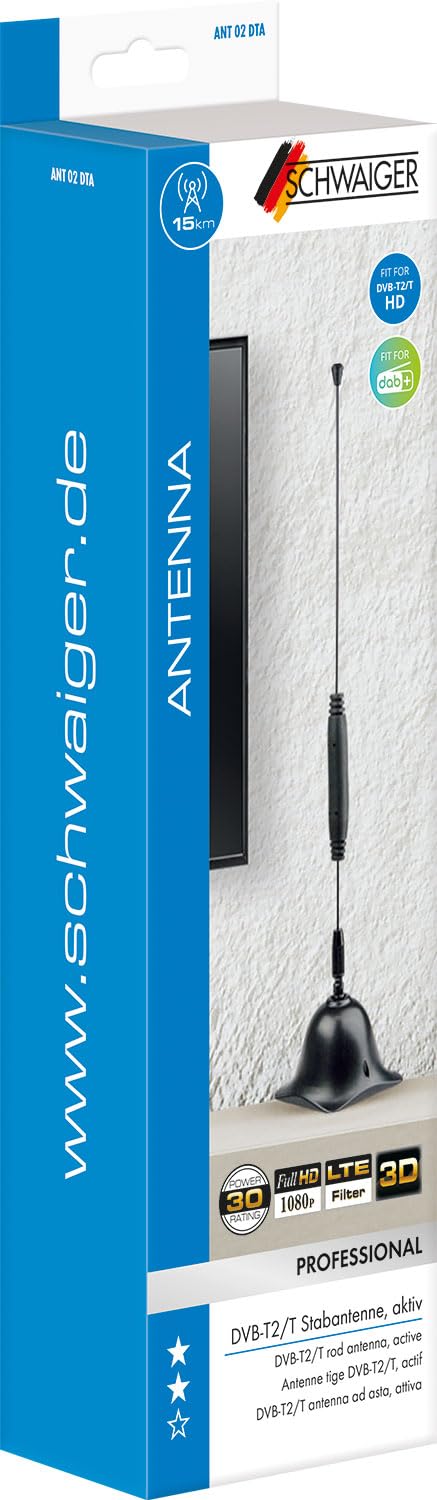 SCHWAIGER 20310 Antenne DVBT-2 Antenne intérieure Numérique Analogique TV HD Intérieur Amplification du Signal Amplificateur Filtre de Blocage LTE Réception DVB-T Dab+ FM