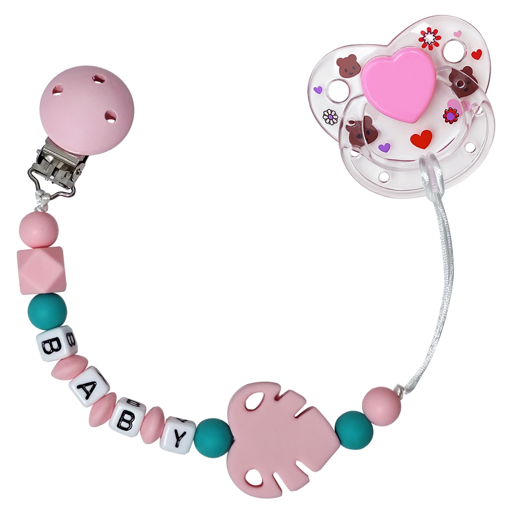HELERKOL Cute Pink Pacifier Clip with Magnetic Pacifier Reborn Dolls Toy Accessories (Foliage)