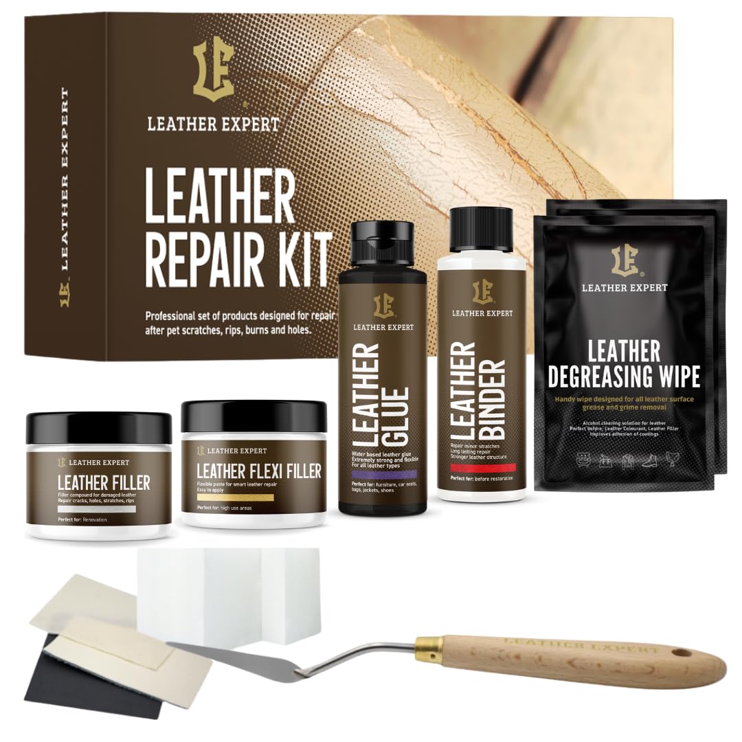 Leather Expert Kit d'entretien du Cuir Repair Kit - 2x25ml remplisseur de Cuir, remplisseur de Cuir Flexible + 2x50ml liant et Colle pour Cuir - Kit de Nettoyage du Cuir pour Voiture
