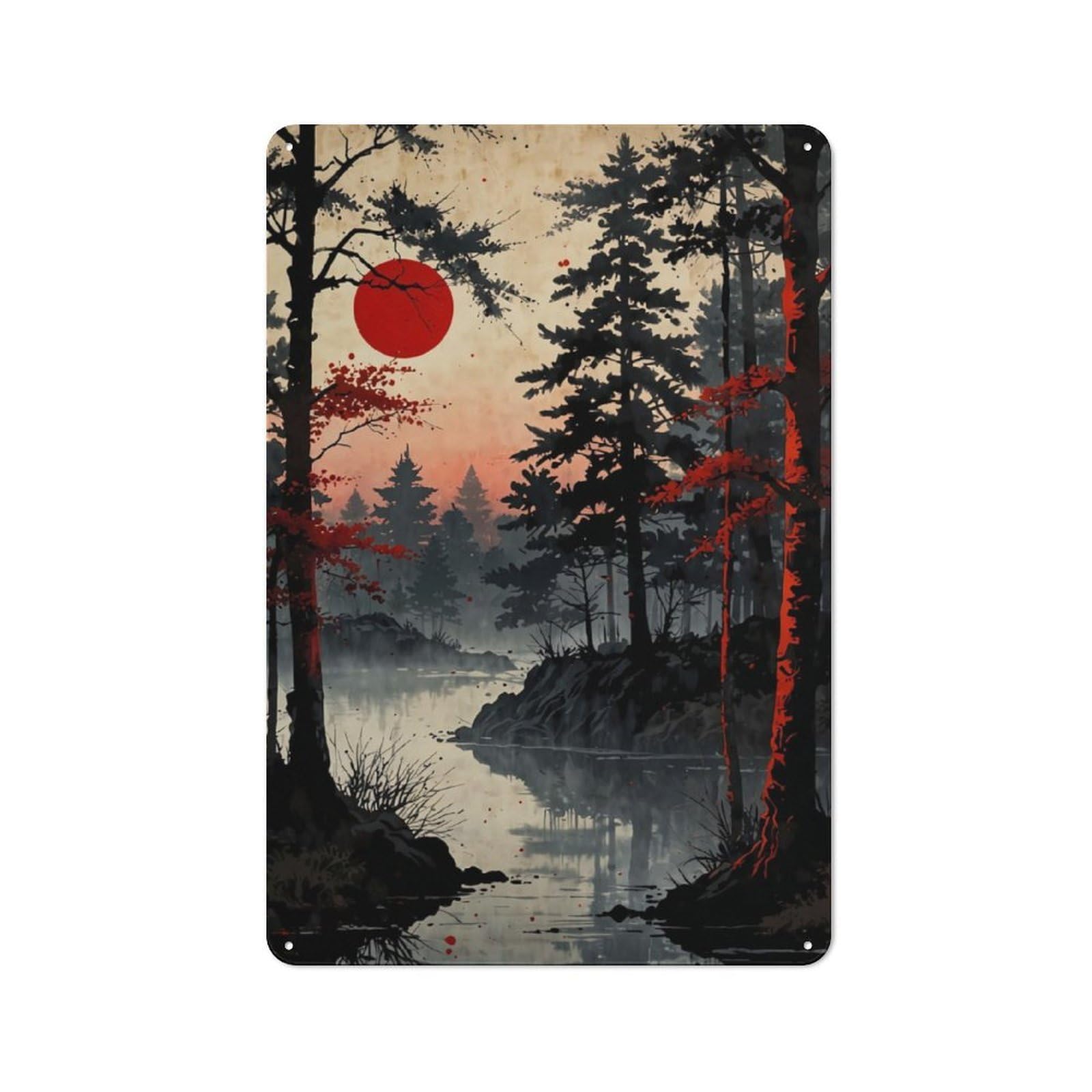 Junmoney Misty Red Moon Rustic Tin Wall Plaque 30X20cm For Guest Room Or Hallway, For Garage, Workshop And Man Cave Decoration