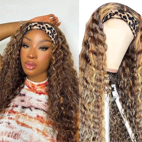 Image of XSY Headband Wig Human Hair 4 /27 Highglight Headband Wig Deep Wave Headband Wig Honey Blonde Colored Curly Wig 22 Inch