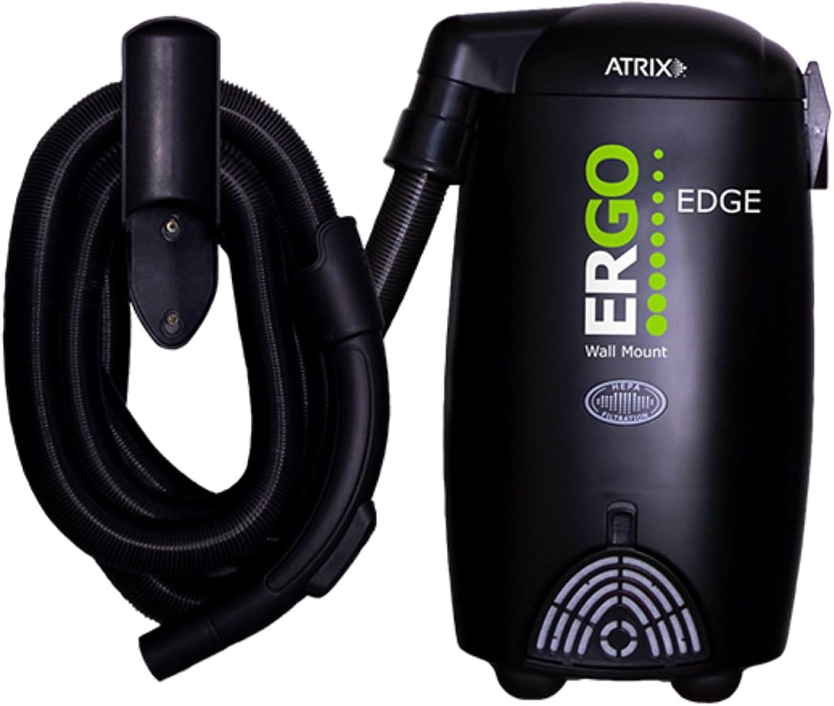 Atrix Ergo Edge Canister Shop Vac-Wall Mounted Garage Vacuum Cleaner with Built-in Dust Bag & Extendable Hose-Compact Black Design, 20 x 9 x 12