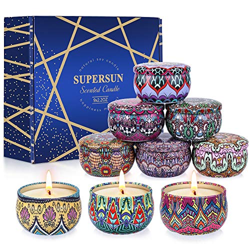 SUPERSUN Bougie Parfumées Lot de 9 x 2,5 oz, Durée Totale de Combustion 135 à 180 Heures pour L'aromathérapie,Mariage,Bath,Yoga,Cadeau de Fête des Mères et La Saint-Valentin