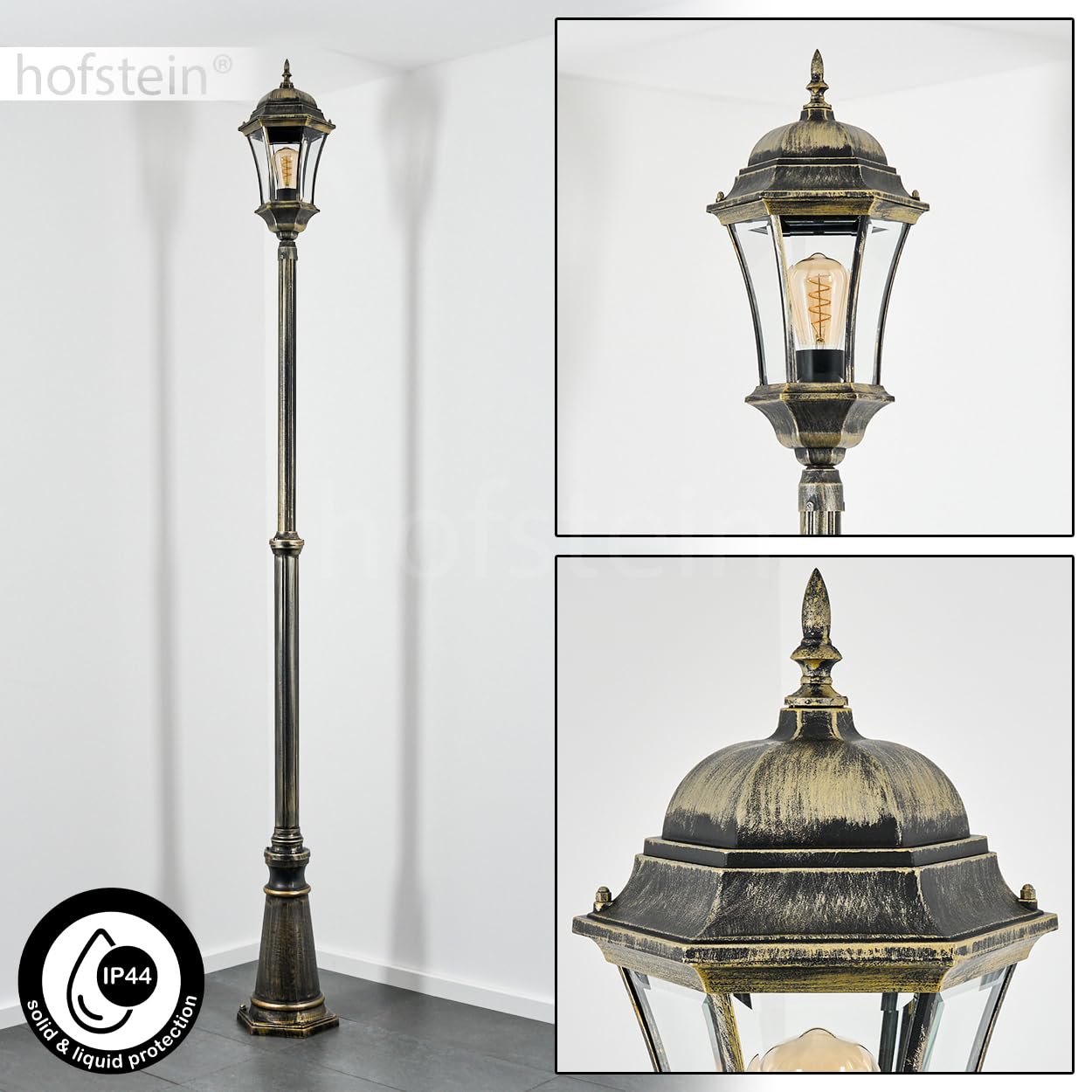 Etoe lampa drogowa zewnętrzna z metalu/szkła w kolorze czarno-złotym/przezroczystym, kandelabr o antycznym wyglądzie, wysokość maks. 230 cm, oświetlenie ogrodu w stylu dworkowym, IP44, 1 x E27, bez
