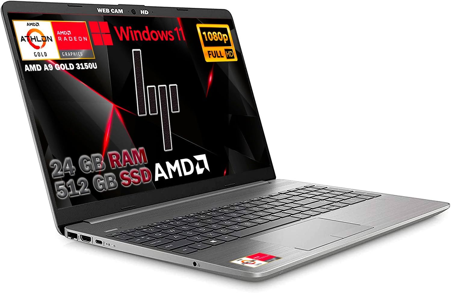 HP 255 G9 Silver Notebook Portatile, SSD M2 NVME 512GB, Display FullHD 15.6", Amd A9 Gold 3150U fino a 3,3 GHz, 24GB DDR4, Wi-fi, 3 usb, webcam HD, Win11 Pro, Pronto All'uso, Gar. IT