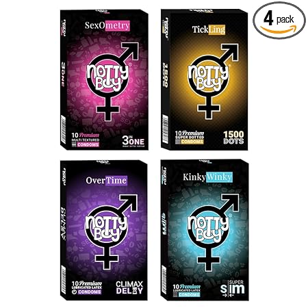 NOTTY BOY Multi Variety Condoms Combo - 3IN1 Ribbed Contour Dotted, Super 1500 Dots, Overtime Climax Delay, Ultra Thin Condom For Couples 4x10s (Pack Of 4)