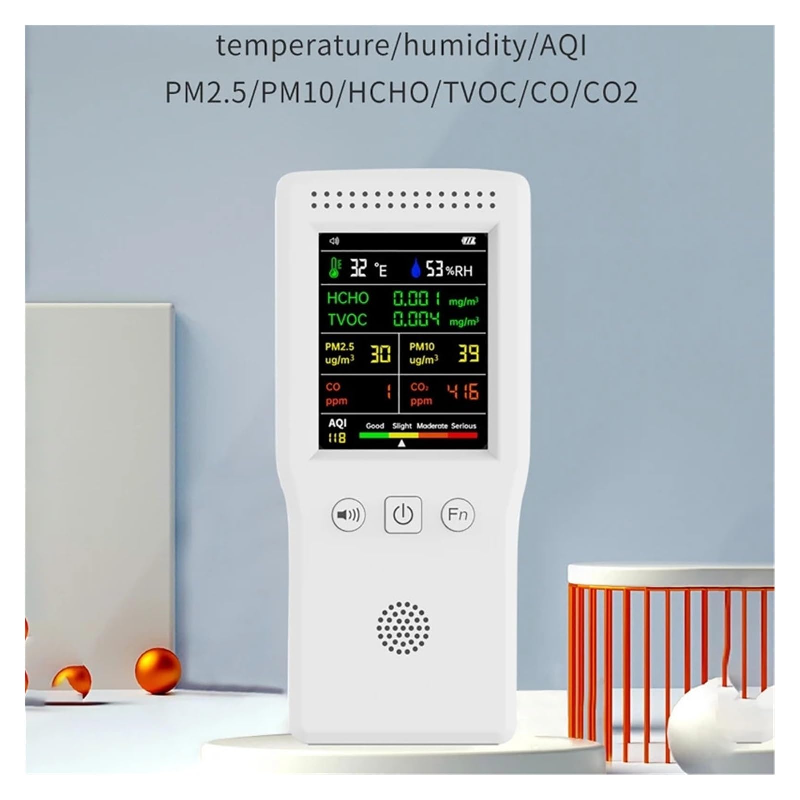 Détecteur de gaz, Détecteur de qualité l'air Portable 9 en 1 PM2.5, Moniteur température et d'humidité, écran LCD(Blanc)