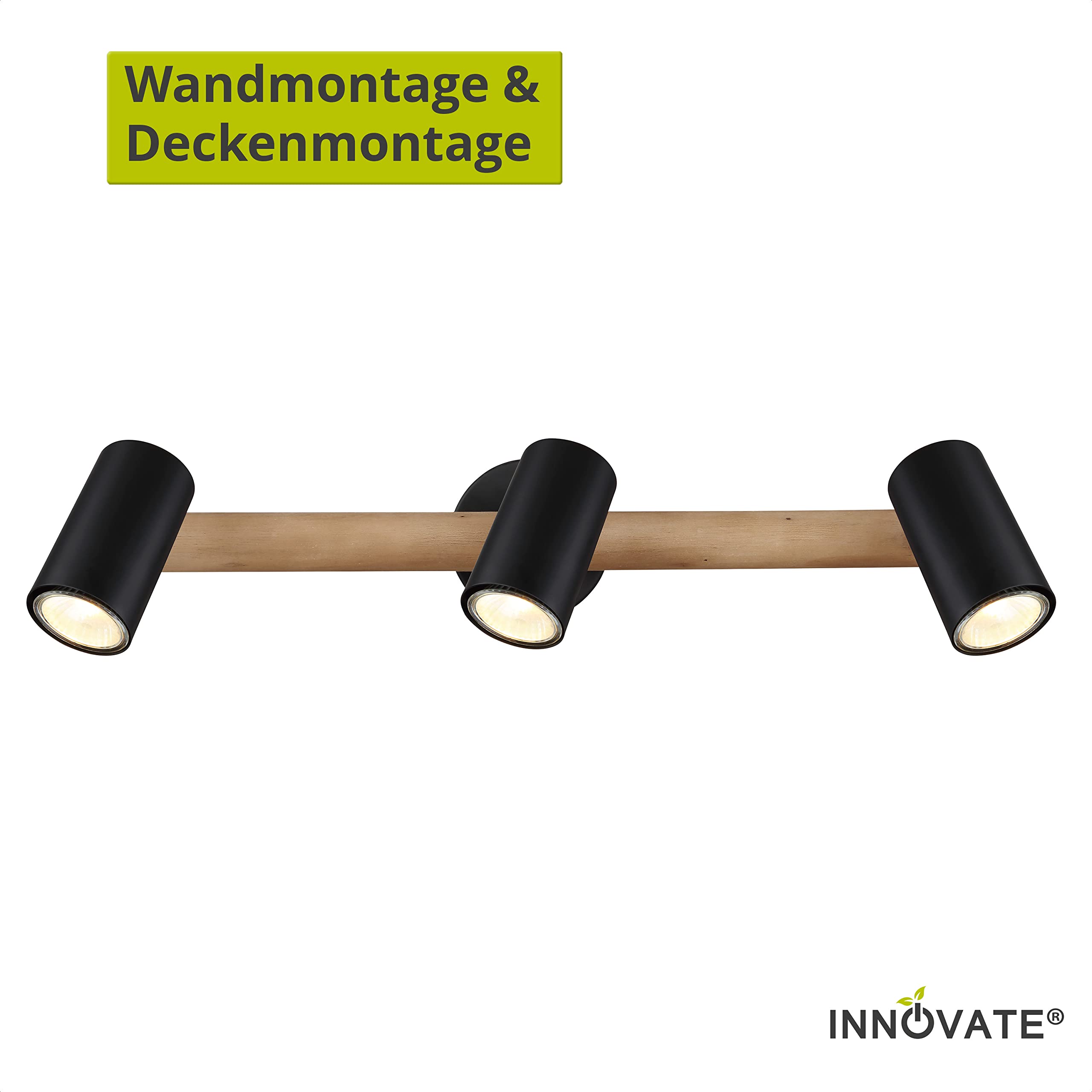 INNOVATE LED Spotbalken Holz | GU10 Deckenlampe Spot | LED Deckenleuchte Schwenkbar | Spotleuchte drehbar für Küche, Wohnzimmer, Schlafzimmer | Wandleuchte Holz | Deckenstrahler 3 flammig