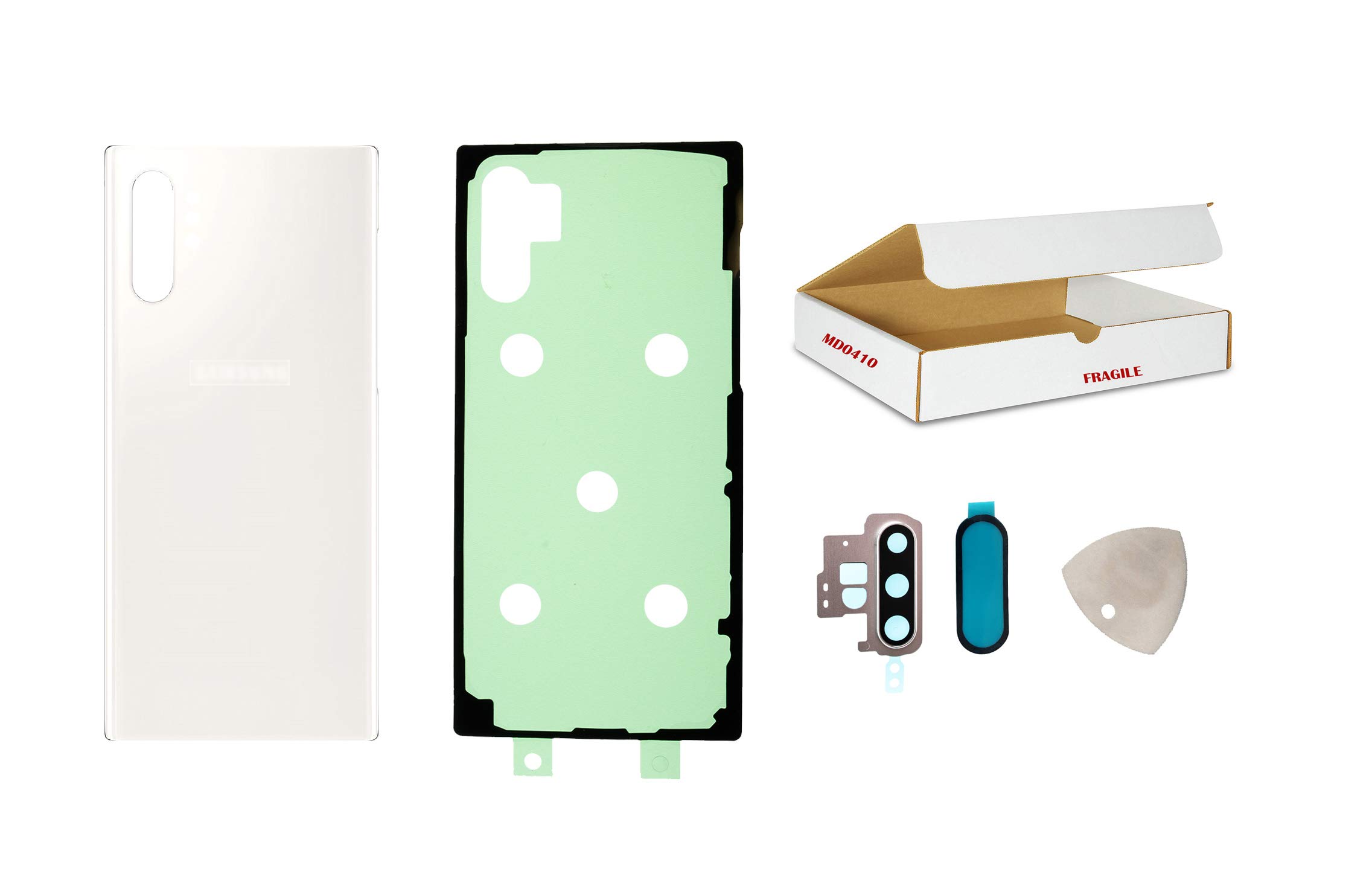 md0410 Replacement Compatible with Samsung Galaxy Note 10 Plus N975 Note10+ - Rear Back Glass Door Housing Cover with Camera Lens Cover and Opening Tool (Aura White)