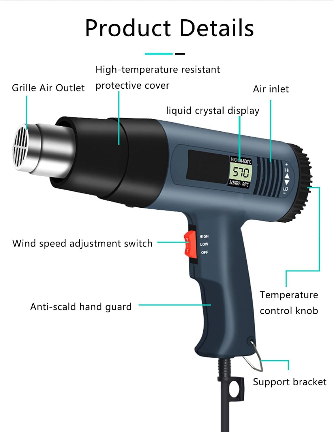 2000W Heat Gun with LCD Digital Display - Accurate Temperature Control, Overheat Protection, Double Heat Wire, 140℉-1202℉（60℃- 650℃）with 4 Nozzles for Vinyl Wrap, Shrink Tubing, Paint Stripping