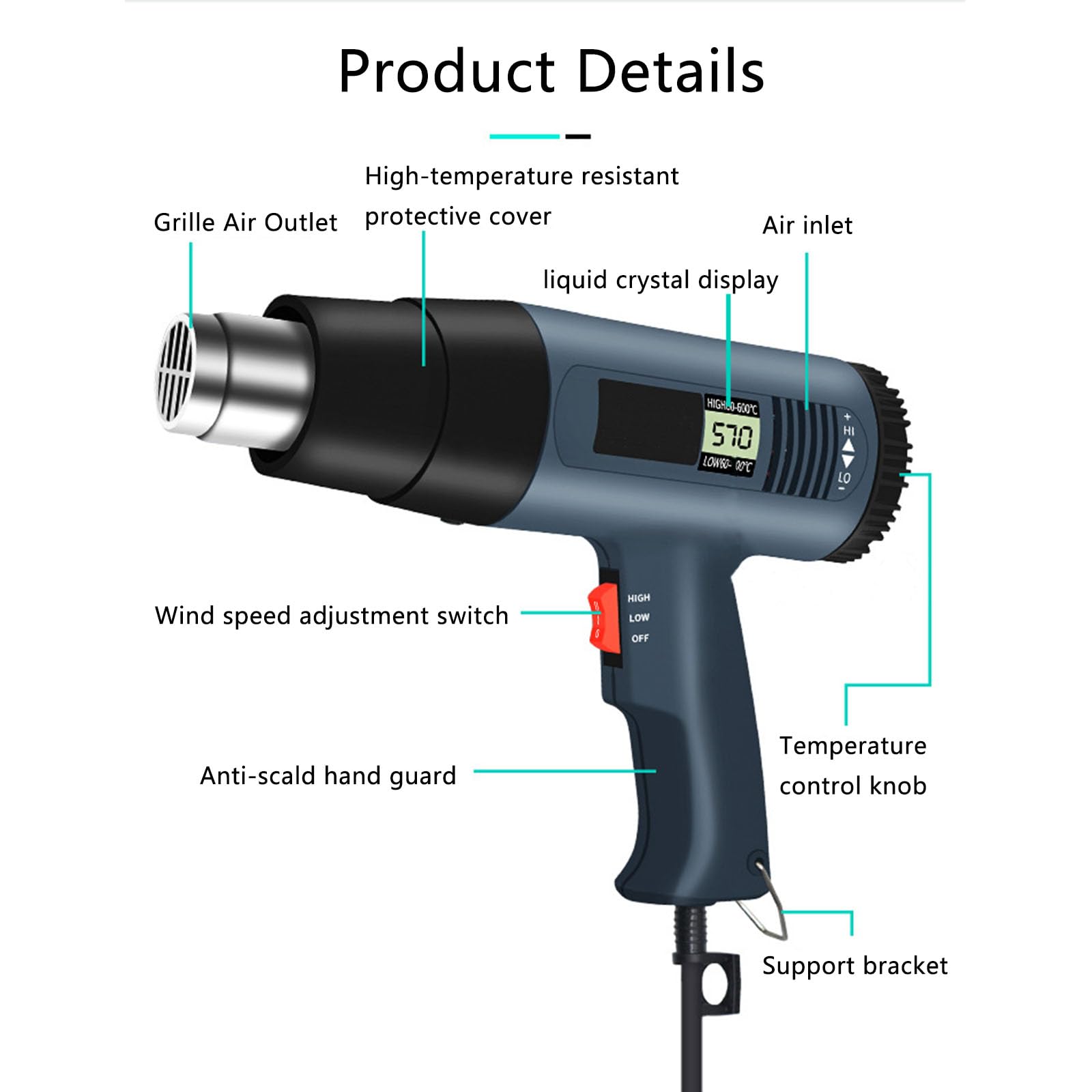 2000W Heat Gun with LCD Digital Display - Accurate Temperature Control, Overheat Protection, Double Heat Wire, 140?-1202??60?- 650??with 4 Nozzles for Vinyl Wrap, Shrink Tubing, Paint Stripping
