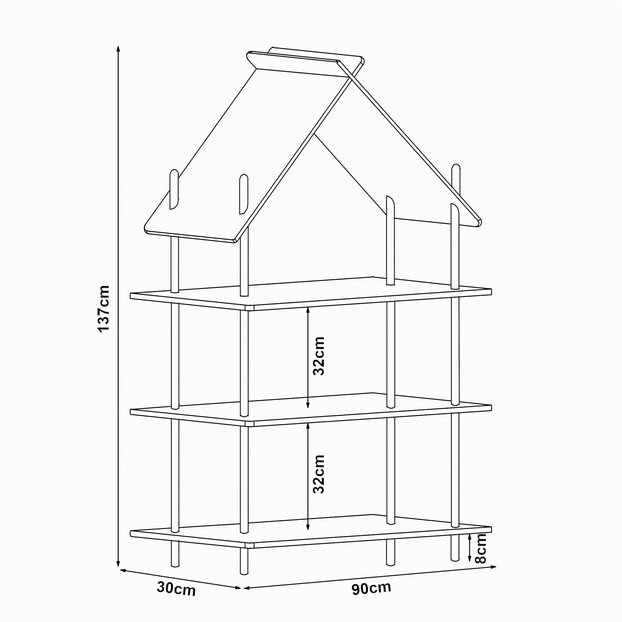 [en.casa] Librería Infantil Diseño en Forma de Casa Organizador de Juguetes Estantería para Niños con 3 Estantes para Guardería Sala de Espera Bambú 137 x 90 x 30 cm - Natural