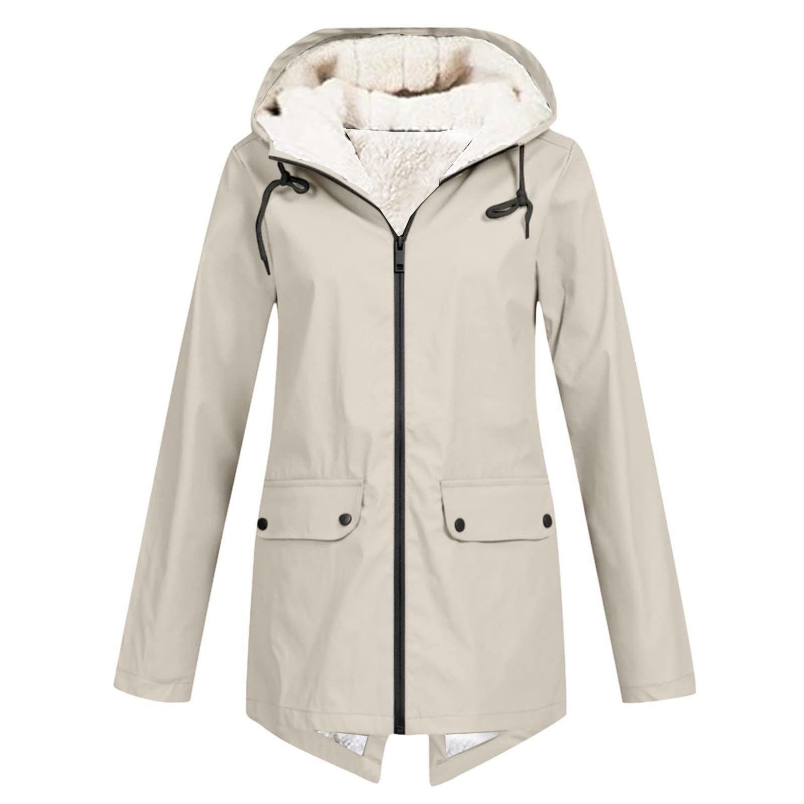 Genérico Chubasquero Mujer Talla Grande,Chaqueta Gruesa De Felpa SóLida para Mujer Impermeable con Capucha De Talla Grande para Exteriores Resistente Al