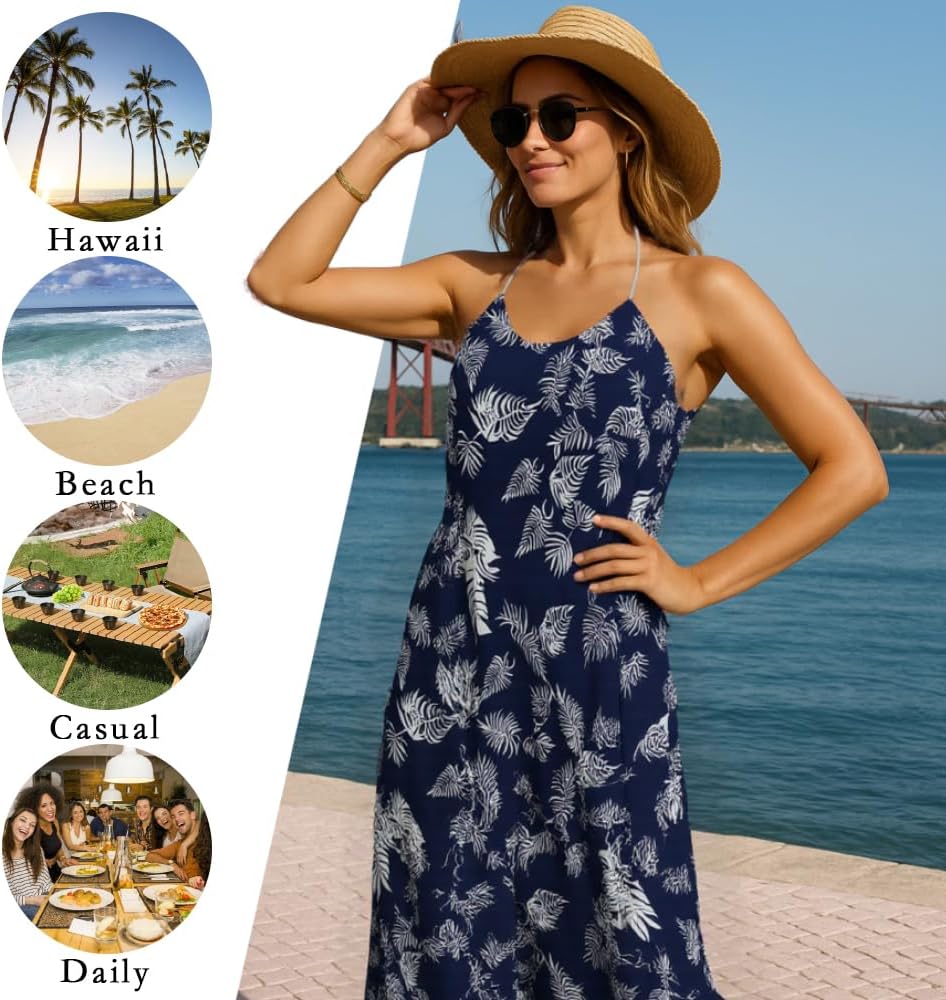 Boho Beach Summer Dresses for Women, Backless Halter Neck Maxi Sundress, Loose Fit Flowy Vacation Dress - Image 6