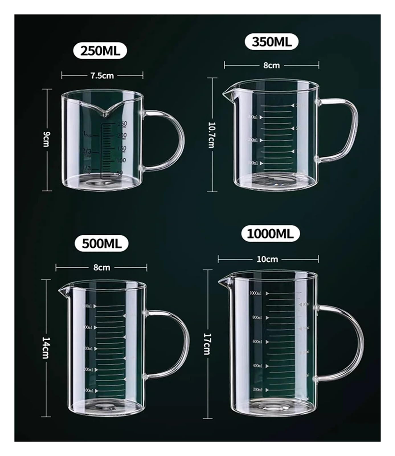 1/2 taza medidora de vidrio con asa, resistente al calor, for laboratorio, cocina, leche, café, 250/350/500/1000 ml(1000ml 2pcs)
