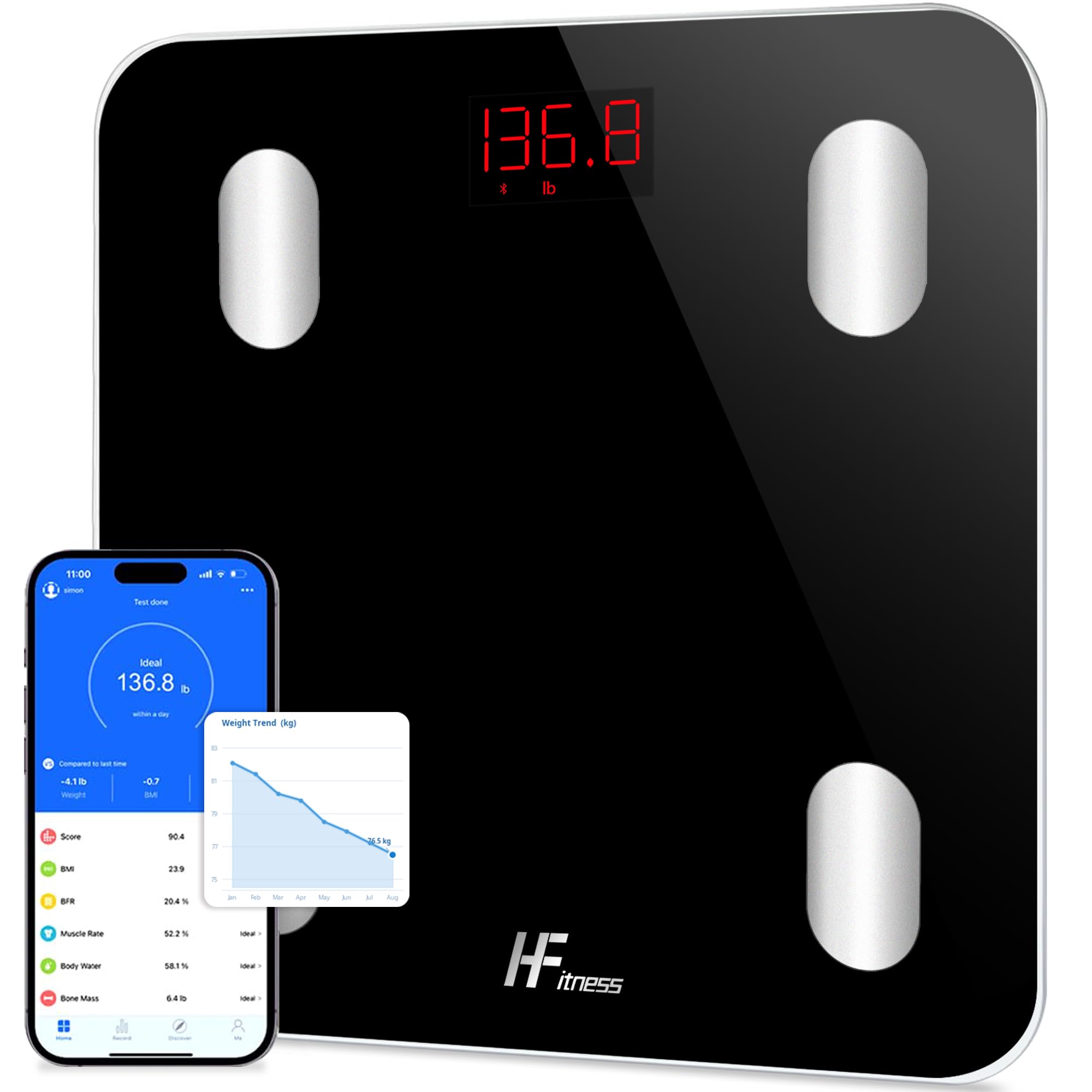 HFitness 19 Metrics Body Composition Smart Scale Bathroom Scales for Body Weight Body Fat Monitor BMI Muscle Mass Bone iOS Android App Bluetooth Wireless