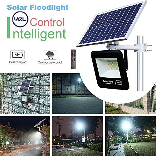 YQL 100W Outdoor LED Solar Street Security Flood Light IP67 Waterproof White 6500K 208 LEDs Auto On/Off Dusk to Dawn Timer with Remote and Bracket for Exterior Roads Yard Garden Pathway Landscape