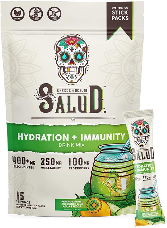 Salud 2-in-1 Hydration and Immunity Electrolytes Powder, Cucumber Lime - 15 Servings, Agua Fresca Drink Mix, Elderberry, Dairy & Soy Free, Non-GMO, Gluten Free, Vegan, Low Calorie, 1g of Sugar