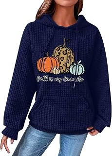 Halloween Sweatshirt for Women Women's Hoodies Long Sleeve Sweatshirt Waffle Pumpkin Print Sweatshirt Women Fall Winter Drawstring Hoodie Sweatshirts Trendy Loose Fit Waffle Hoodie Sweatshirt