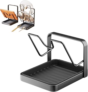 Kitchen Pot Lid Storage Rack, 304 Stainless Steel Pot Lid Holder While Cooking, Multifunctional Kitchen Pot Cover Organizer for Countertop, With Removable Drip Tray Gray single-layer