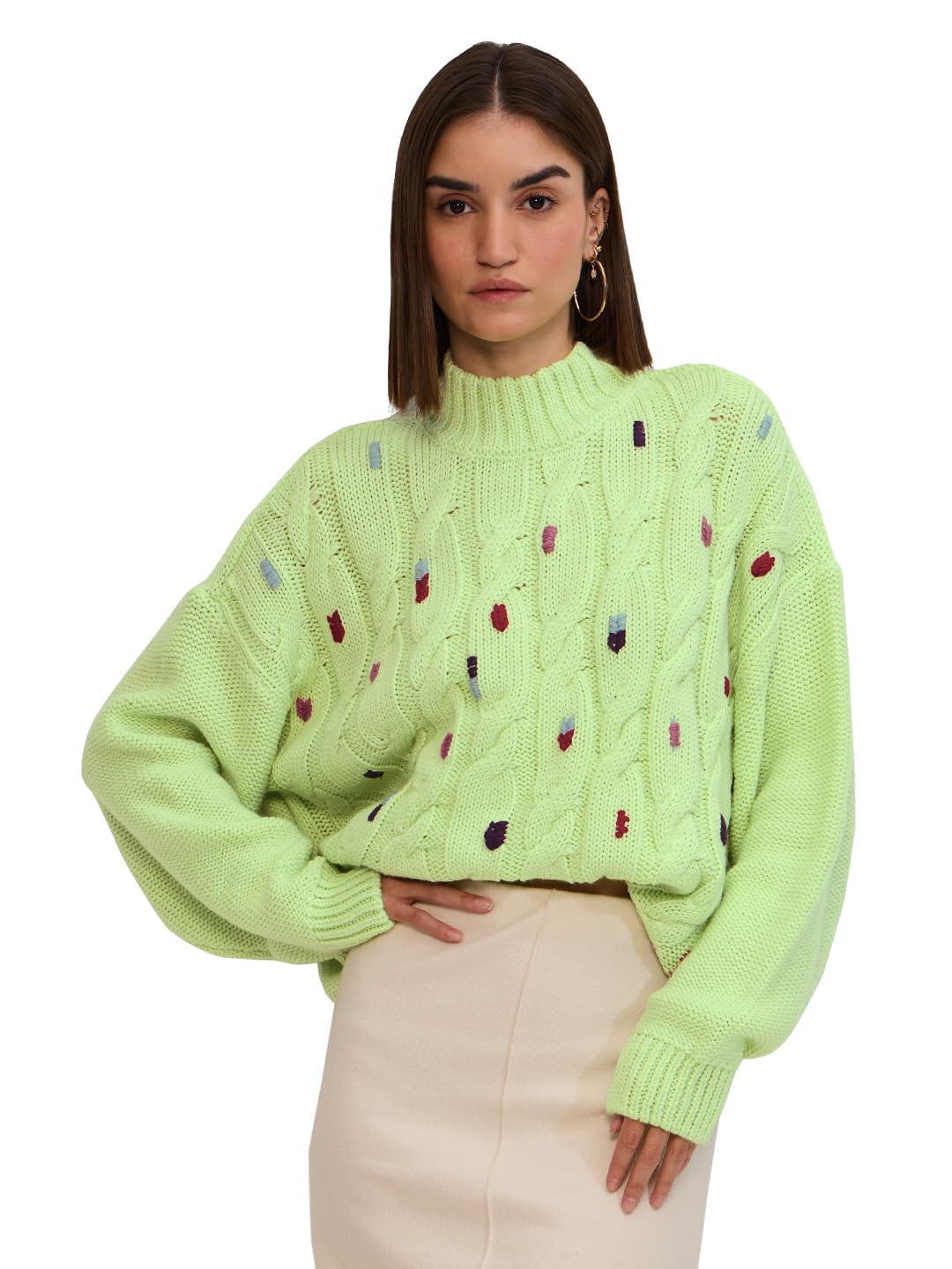 the souled store Cable Knit Sweater: Lime Women and Girls Long Sleeves Round Neck All Over Printed Acrylic Oversized Sweaters-picture-38