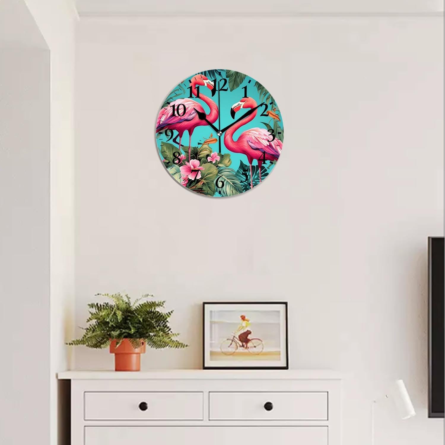 Non-Ticking Sweep Movement Wall Clock Battery Operated Analog Wall Clocks Decorative for Bedroom,Office,Living Room-Vivid Flamingo with Flowers(14inch)
