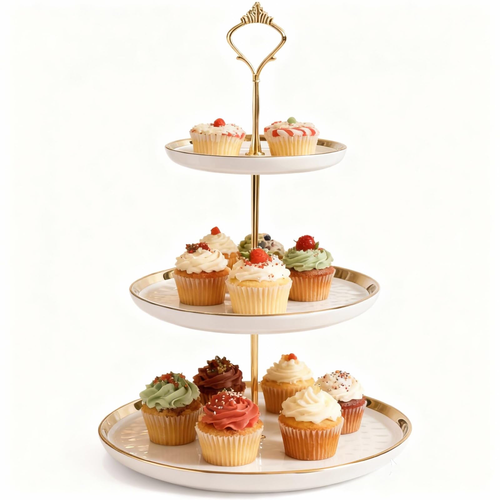 Présentoir à Cupcakes en Céramiques Gâteaux Dessert pour Pâtisseries et Fruits à 3 Étages pour Party Décoration de Table Basse, Cupcake et Assiette à Dessert (Vert)
