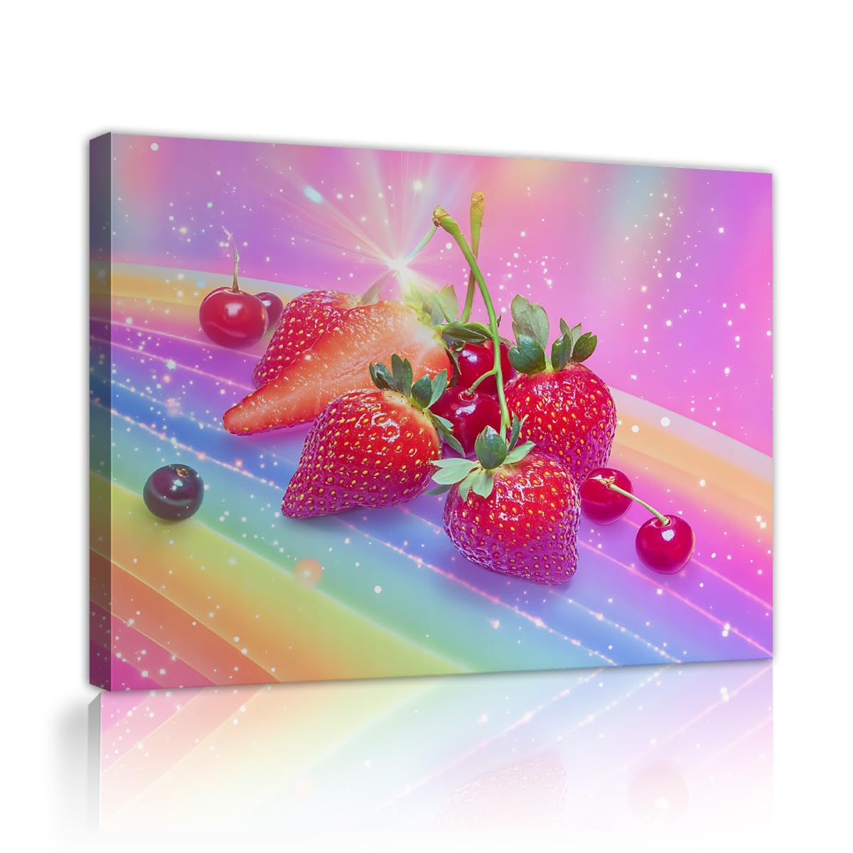 TOANGWALL Fresh Strawberry Cherry Canvas Wall Art Rainbow Fantasy Background Print Modern Fruit Pattern Framed Mural Graphic Poster Pictures for Kitchen Dining Room Restaurant Decor 40x50cm