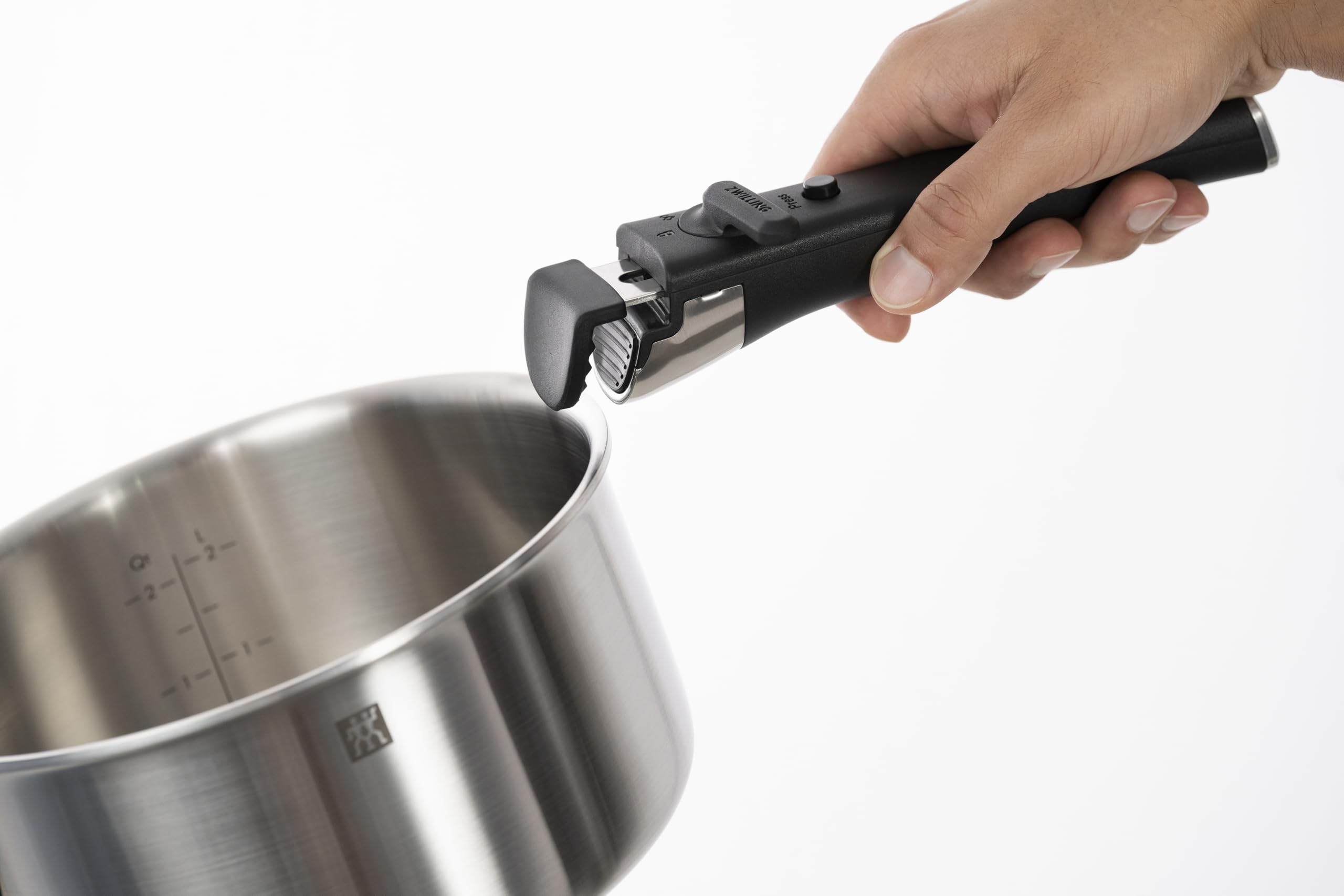 ZWILLING Unlock Batterie de cuisine 5 pièces (casserole 20 + 16 cm, poignée, 2 couvercles en verre), empilable, poignée amovible, acier inoxydable 18/10, pour tous les types de feux, y compris