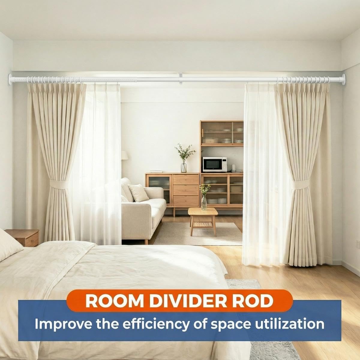 Tension Curtain Rods 51-172 Inch(5-14.33Ft),Extra Long Tension Rods No Drilling,Heavy Duty tension rod for Bathroom Windows Room Divider Outdoor Patio,Easy Install,Never Rust,Diameter 1.26 In-White