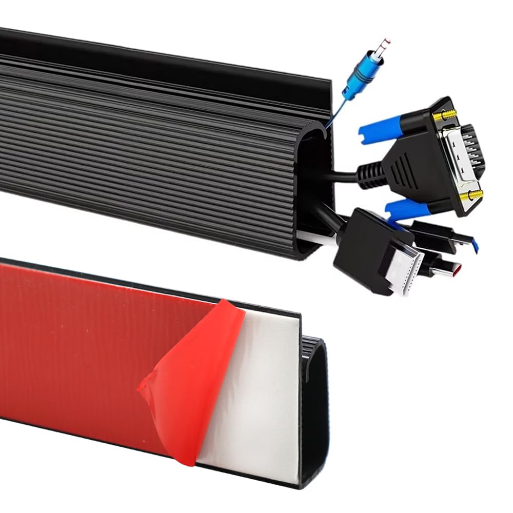 GOIYZTTR 2 Stück Kabelkanal Selbstklebend 2 x 15,7 Zoll J-Formiges Kabelmanagement Schwarz Kabelaufbewahrung unter dem Tisch für Rechner-Schreibtisch, Fernseher 15.7(L) x 0.9(W) x 1.97inch(H)