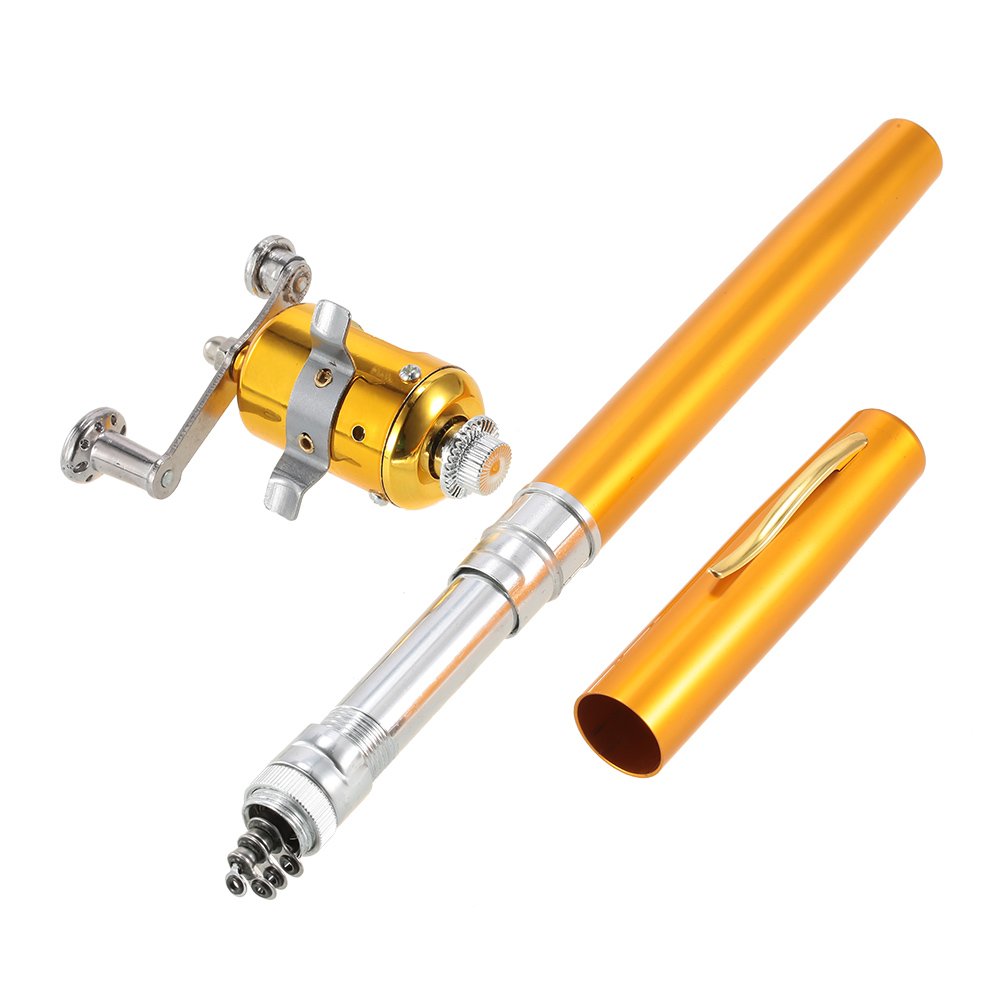 Lixada Reel Fishing Rod Combo Zestaw mini przenośnych kieszonkowych pióro teleskopowe wędki Polak + szpula ze stopu aluminium Miękka linia wędkarska przynęta Jig Haki (złote)