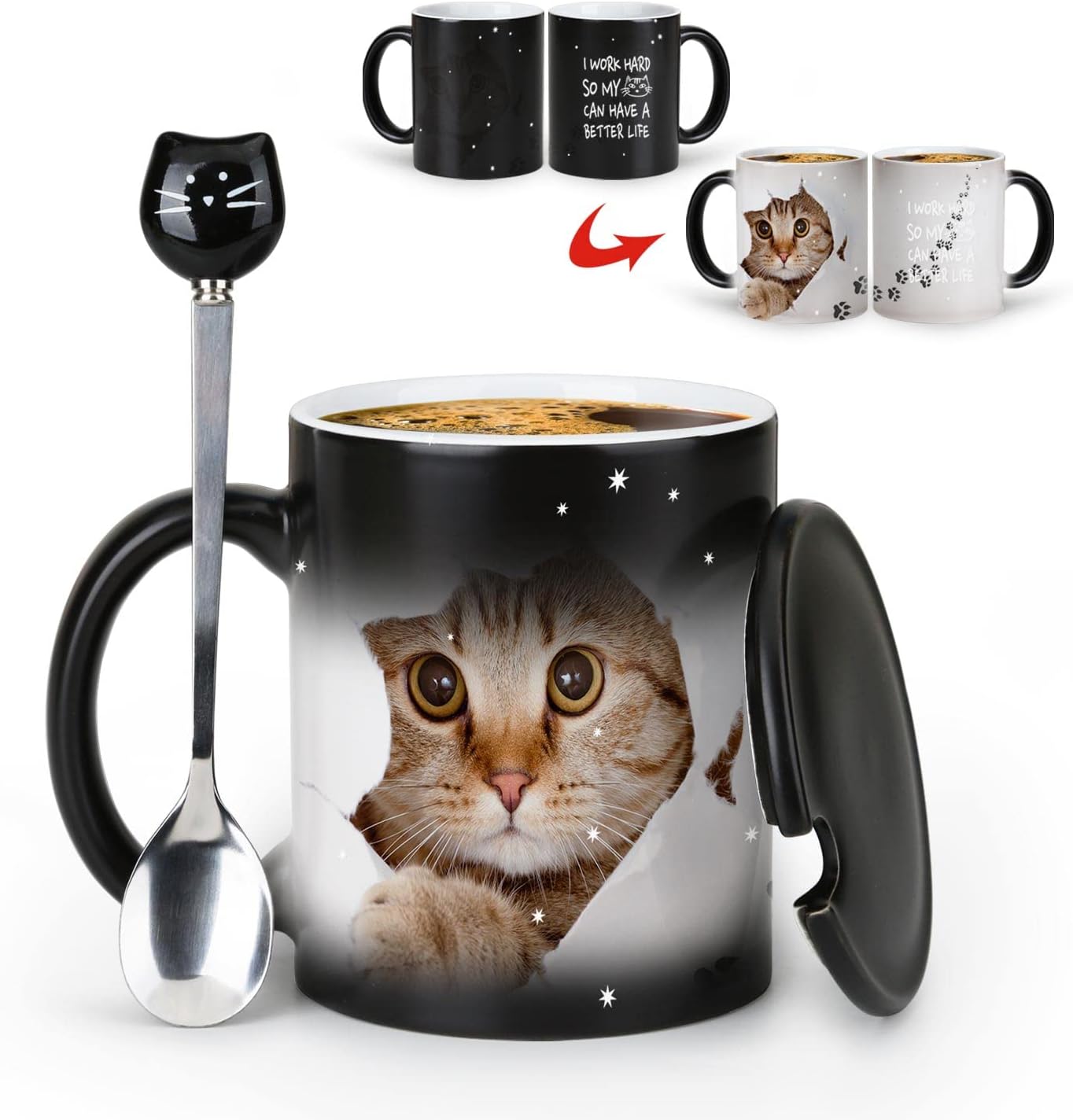 Color Changing Coffee Mug 11oz - I Work Hard So My Cat Can Have a Better Life - Halloween Cat Cup With Black Lid and Head Spoon, Gifts for Birthday, Christmas