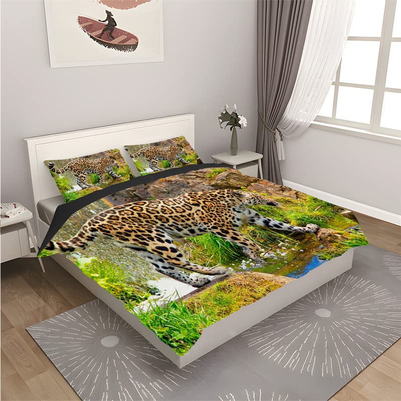 Housse de Couette 140x200 Léopard Vert Anti-Plis sans Repassage pour Lit Simple
