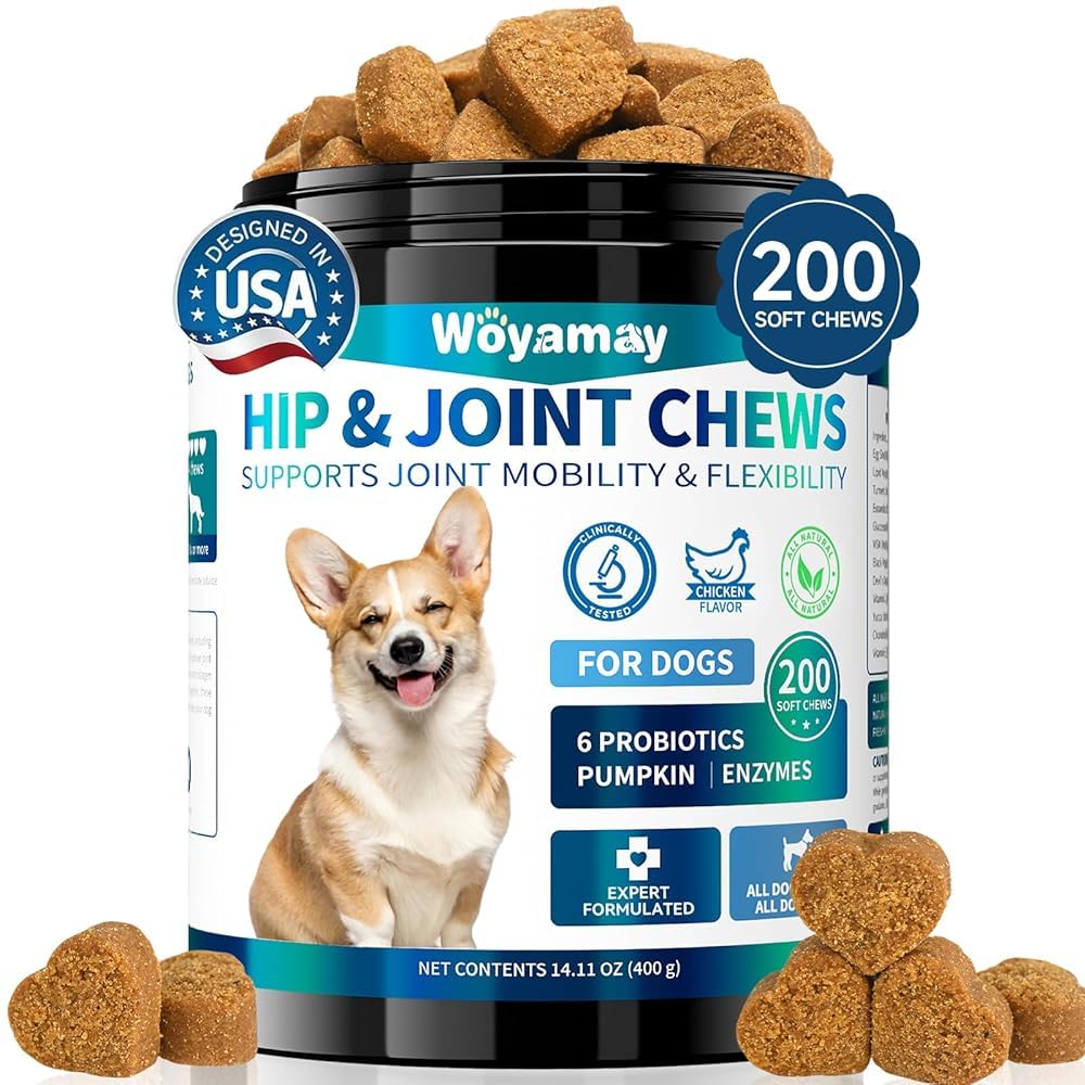 Hip and Joint Supplement for Dogs, Glucosamine for Dog Joint Supplement, 200 Soft Chews with Glucosamine, Chondroitin and MSM Dog Hip and Joint Supplement for All Ages and Breeds, Chicken Flavor