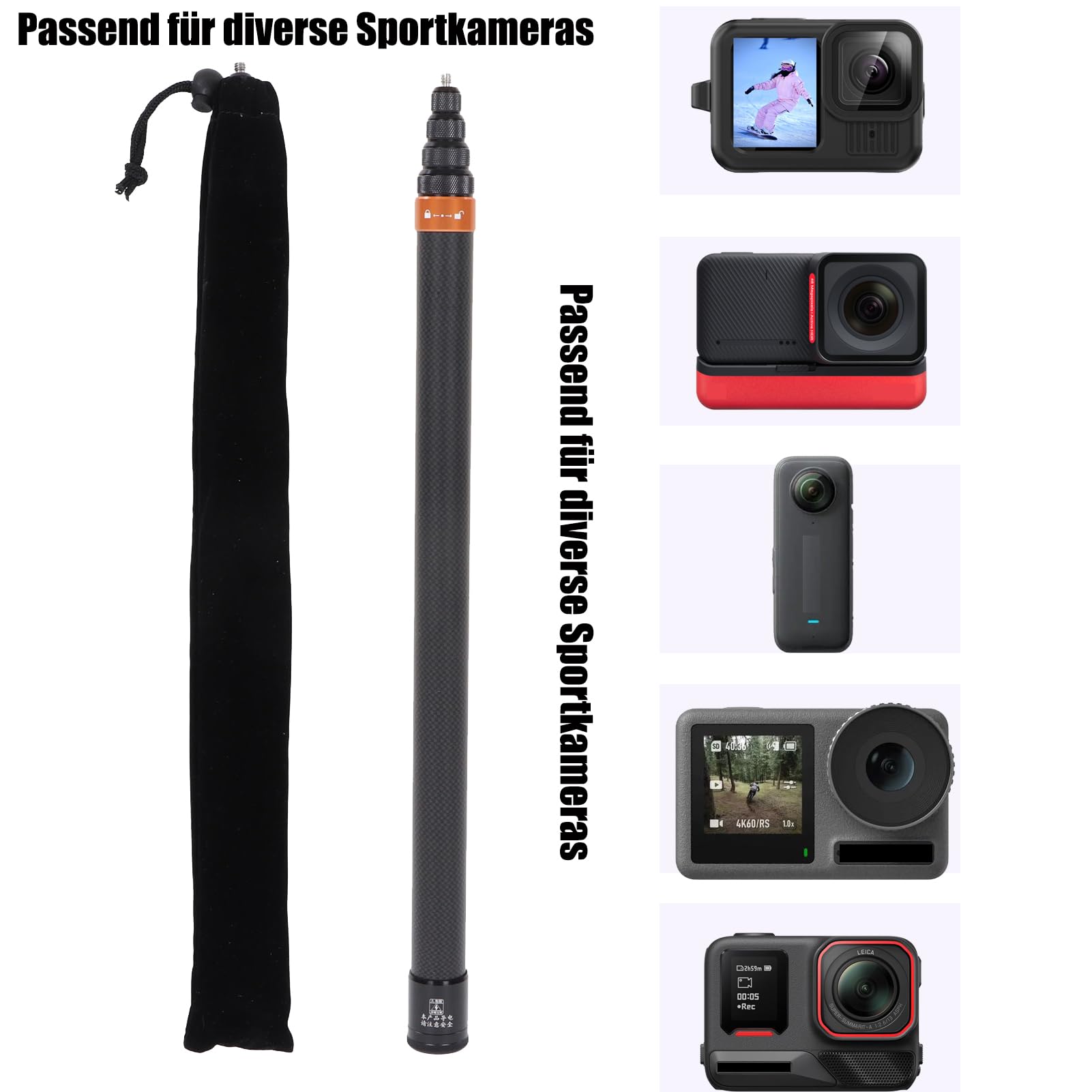 Dioche Unsichtbarer Selfie-Stick, Bewegungskamera-Selfie-Stick 3 Meter für X3, für ONE RS, für GO 2, für ONE X2, ONE R, ONE X