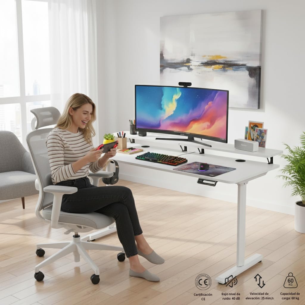 SOSINYA Mesa Escritorio elevable con Memoria de Altura Ajustable, estación de Trabajo para computadora, 140 x 60 cm, Soporte para Monitor para Oficina en casa,V3