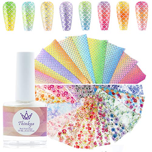 Thinkga 26 Sheet Holographic Nail Foil Sticker Set with Mermaid Flower Nail Foils, 10pcs Mermaid Nail Foil Sticker, 16pcs Flower Nail Foil, 1 Foil Glue, for Home DIY and Nail Salon Nail Art Designer