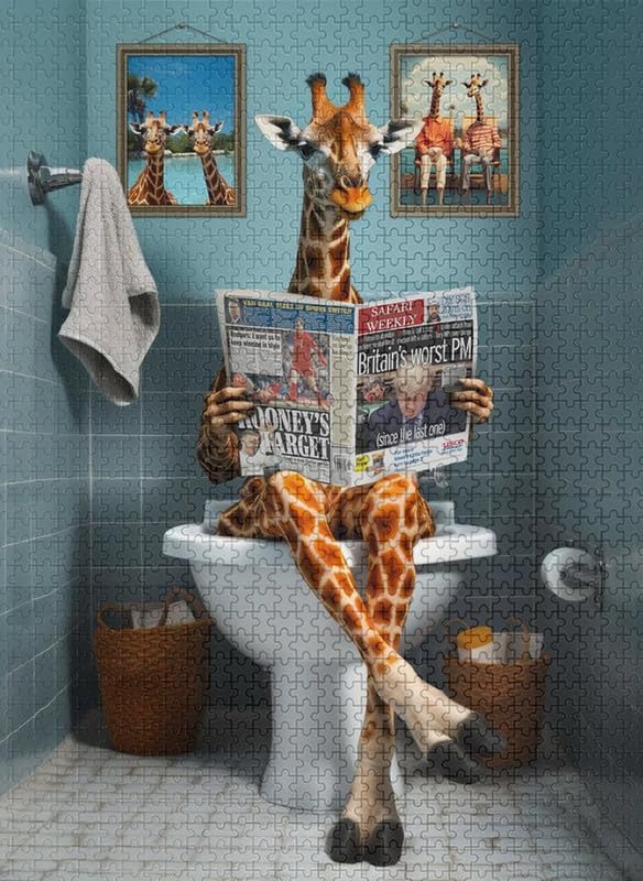 Jigsaw Puzzle 1000 Pieces Funny Giraffe Using Toilet Every Piece is Unique, Pieces Fit Together Perfectly, Finished Size 29.5X19.6 Inch