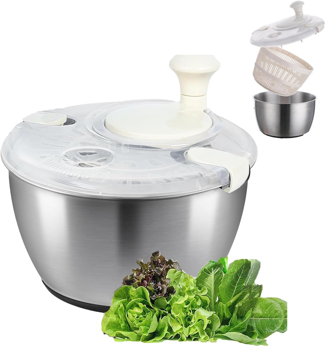 Salad Spinner Stainless Steel, Lettuce Spinner Multi-Use Fruit Washer with Bowl & Colander, for Washing, Cleaning & Drying Greens, Vegetables, Easy to Clean, Large 5L Capacity